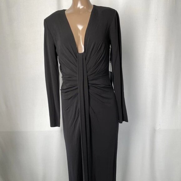 WHBM Women's Maxi Dress Black Size 2 V-Neck Draped Long Sleeve High-Cut Zipper+